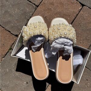 Pearl-Embellished Cream Slide Sandals - Women